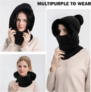 Beanie and Neck Warmer Set Knitted Winter Hat with Pom Pom Black, One Size