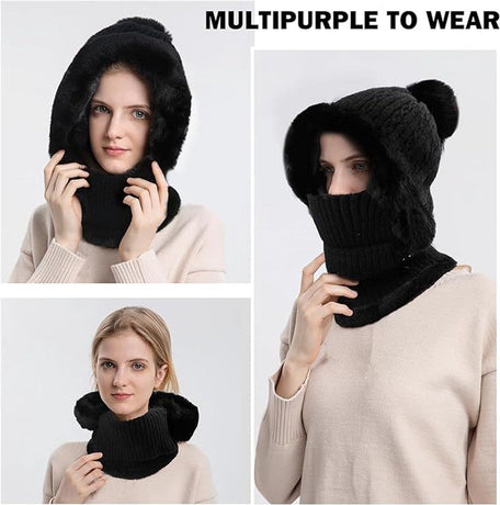 Beanie and Neck Warmer Set Knitted Winter Hat with Pom Pom Black, One Size