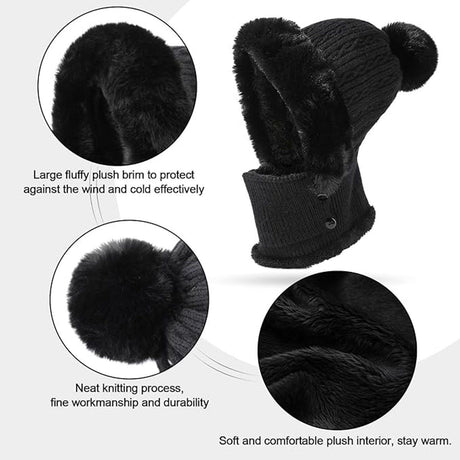 Beanie and Neck Warmer Set Knitted Winter Hat with Pom Pom Black, One Size