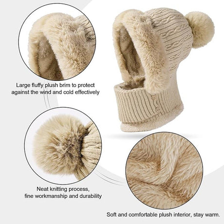 Beanie and Neck Warmer Set Knitted Winter Hat with Pom Pom Black, One Size