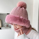 1 Piece Knitted Hat and Neck Warmer Set Fleece Lined Pink