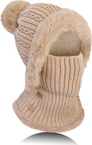 Beanie and Neck Warmer Set Knitted Winter Hat with Pom Pom Light Khaki, One Size