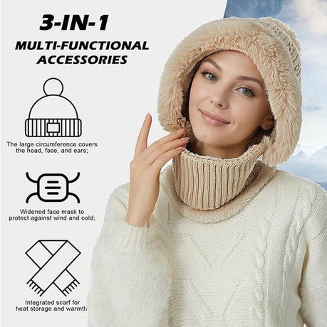 Beanie and Neck Warmer Set Knitted Winter Hat with Pom Pom Light Khaki, One Size