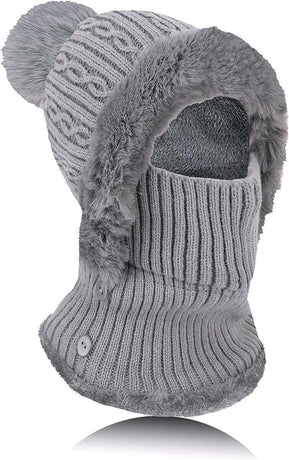 Beanie and Neck Warmer Set Knitted Winter Hat with Pom Pom Grey, One Size