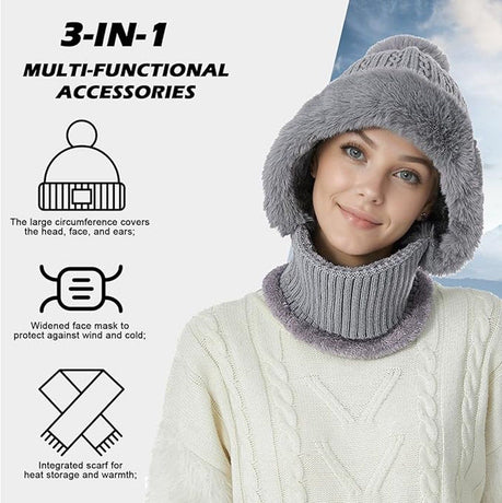 Beanie and Neck Warmer Set Knitted Winter Hat with Pom Pom Grey, One Size