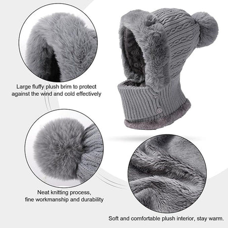Beanie and Neck Warmer Set Knitted Winter Hat with Pom Pom Grey, One Size