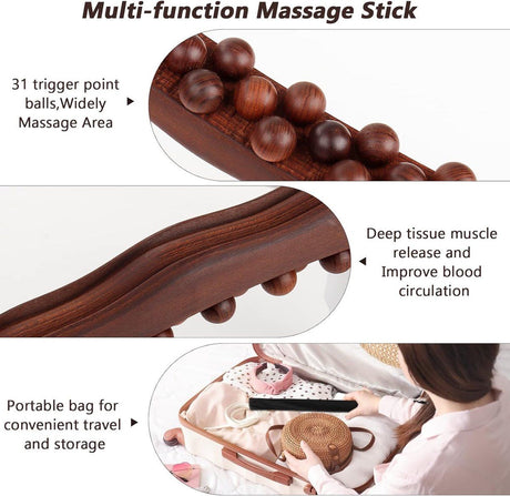 Wooden Massage Roller 31 Bead Gua Sha Lymphatic Drainage Tool Brown, 59 cm