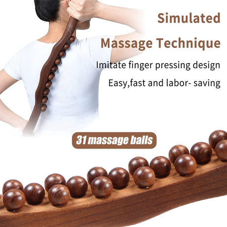 Wooden Massage Roller 31 Bead Gua Sha Lymphatic Drainage Tool Brown, 59 cm
