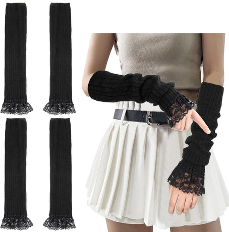2 Pair Fingerless Arm Warmers Soft Fleece Black for Women