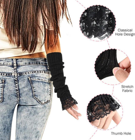 2 Pair Fingerless Arm Warmers Soft Fleece Black for Women