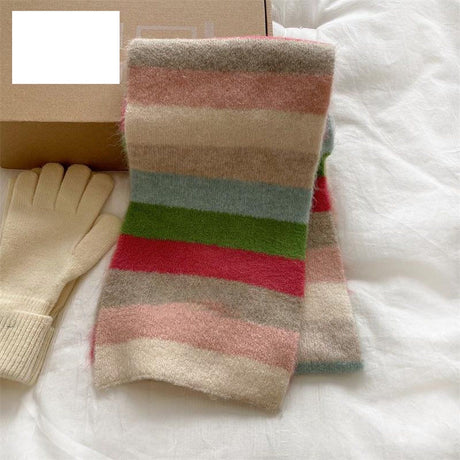Womens Knitted Color Block Winter Scarf Off White Pink Green