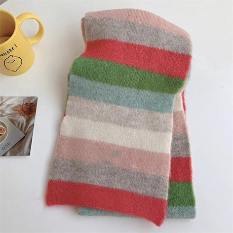 Womens Knitted Color Block Winter Scarf Off White Pink Green