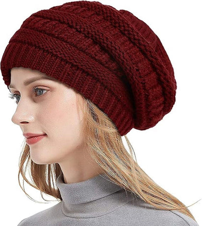 Womens Slouchy Ski Hat Warm Windproof with Satin Lining Bordeaux, 52-60 cm