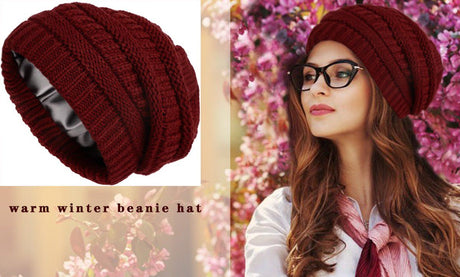 Womens Slouchy Ski Hat Warm Windproof with Satin Lining Bordeaux, 52-60 cm