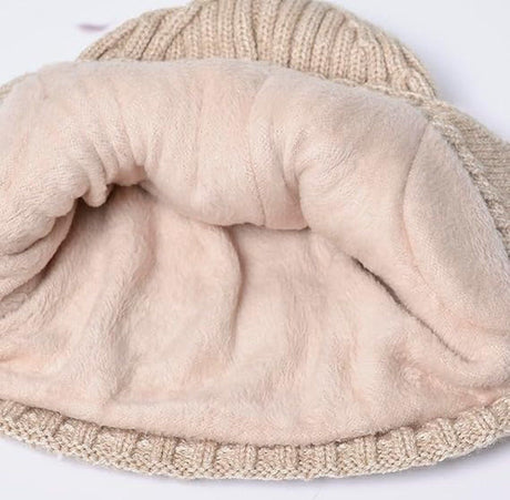 Winter Earmuff Hat Plush Knitted Fleece Lined Beige