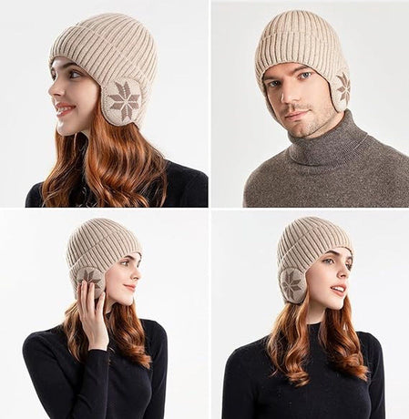 Winter Earmuff Hat Plush Knitted Fleece Lined Beige