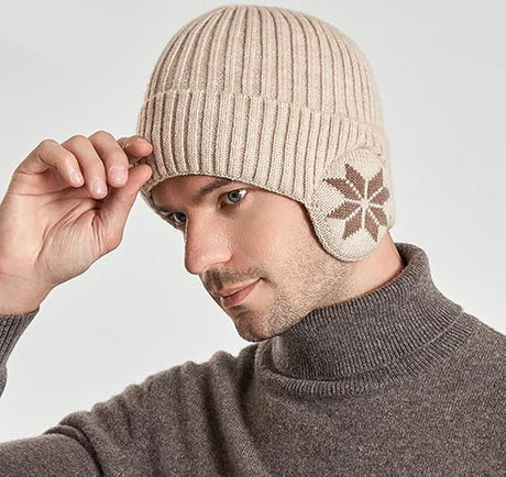 Winter Earmuff Hat Plush Knitted Fleece Lined Beige