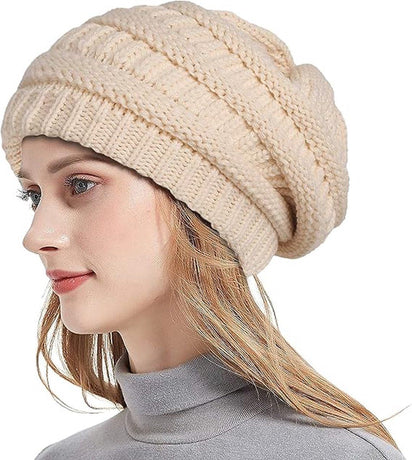 Womens Slouchy Ski Hat Warm with Satin Lining Beige, 52-60 cm