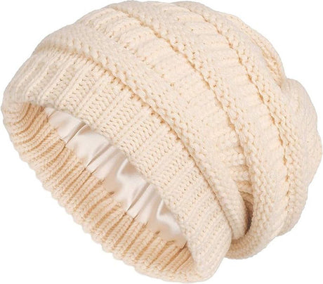 Womens Slouchy Ski Hat Warm with Satin Lining Beige, 52-60 cm