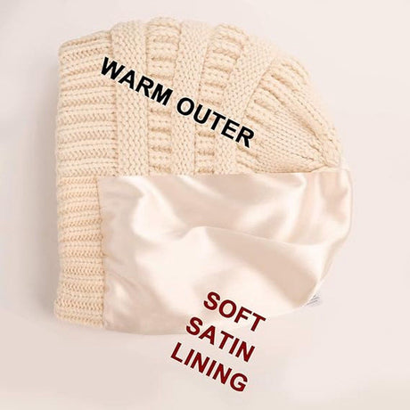 Womens Slouchy Ski Hat Warm with Satin Lining Beige, 52-60 cm