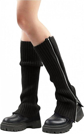 Knitted Leg Warmers Over the Knee Boot Socks with Zipper Black