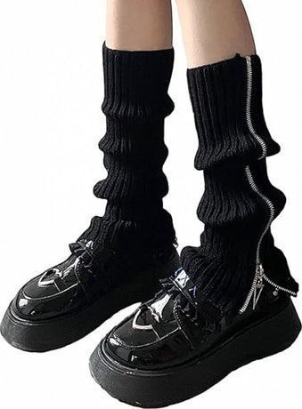 Knitted Leg Warmers Over the Knee Boot Socks with Zipper Black