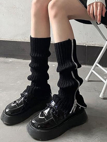 Knitted Leg Warmers Over the Knee Boot Socks with Zipper Black
