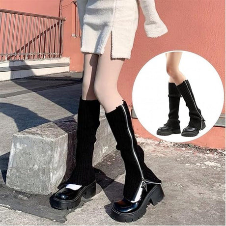 Knitted Leg Warmers Over the Knee Boot Socks with Zipper Black