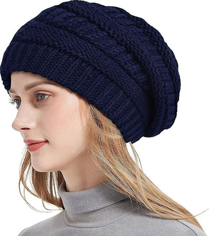 Womens Slouchy Ski Hat Warm with Satin Lining Navy Blue, 52-60 cm