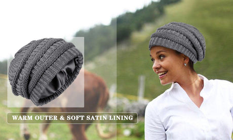 Womens Slouchy Ski Hat Warm with Satin Lining Dark Gray, 52-60 cm