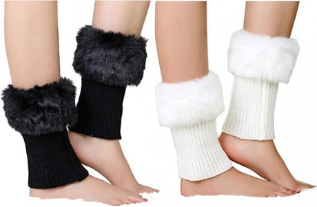2 Piece Boot Cuff Socks Knitted Leg Warmers Black White, One Size