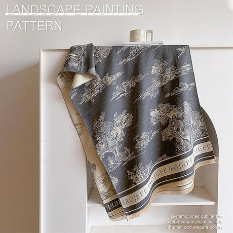 Womens Reversible Winter Scarf with Tassels Landscape Print, 180 x 65 cm