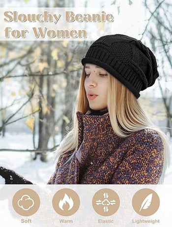 2 Piece Knitted Beanie Hat Set Ultra Warm Unisex Black White