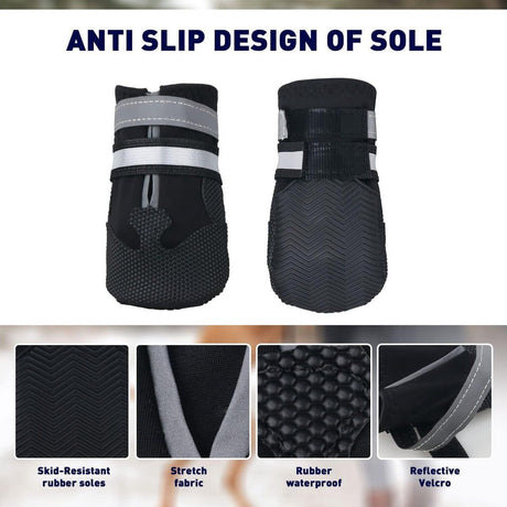 4 Piece Waterproof Dog Boots with Fleece Lining Non Slip Sole Black, Size XL