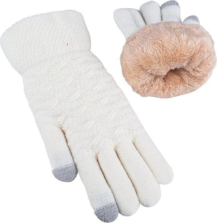 Womens Touchscreen Winter Gloves Thermal Knitted Fleece Lined White