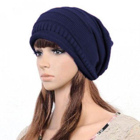 Womens Knitted Slouchy Beanie Winter Ski Hat Navy