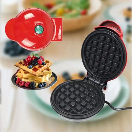 420W Mini Portable Electric Waffle Maker,  ideal for home breakfast, pancake & dessert baking（Red）