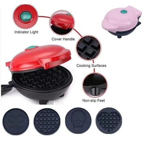 420W Mini Portable Electric Waffle Maker,  ideal for home breakfast, pancake & dessert baking（Red）