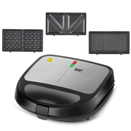 RAF R.214 Multi-functional Breakfast Maker 750W Double Sided Grill, 3 Interchangeable Plates for Sandwich/Waffle/Steak, Non-Stick Coating Wide Voltage 110-220V Household Electric Press Grill