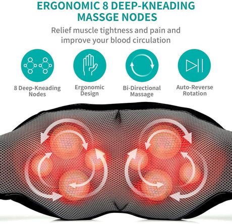 Shiatsu Neck Shoulder Massager with Red Light Heat, 8 Deep Kneading Nodes 3 Speed Bi-Directional Rotation Massage Shawl,  for Neck Back Waist Leg Home Office Car Use, AC & Car Adapters Included