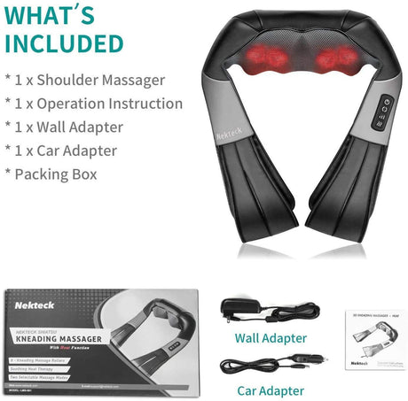 Shiatsu Neck Shoulder Massager with Red Light Heat, 8 Deep Kneading Nodes 3 Speed Bi-Directional Rotation Massage Shawl,  for Neck Back Waist Leg Home Office Car Use, AC & Car Adapters Included