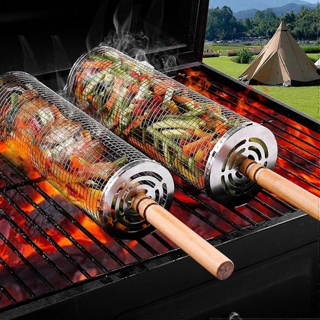 2-Piece Rolling Grill Baskets Stainless Steel for Vegetables Fish and Outdoor Grilling