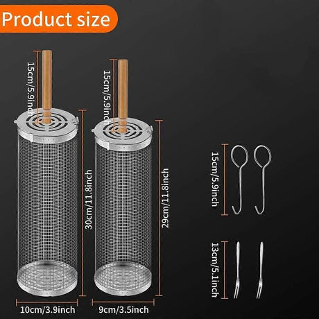 2-Piece Rolling Grill Baskets Stainless Steel for Vegetables Fish and Outdoor Grilling