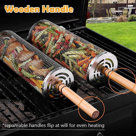 2-Piece Rolling Grill Baskets Stainless Steel for Vegetables Fish and Outdoor Grilling