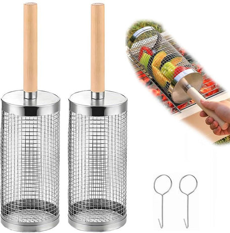 2-Pack Rolling Grill Baskets 304 Stainless Steel with Removable Wooden Handle for Vegetables and Shrimp, 35 x 9.5 cm