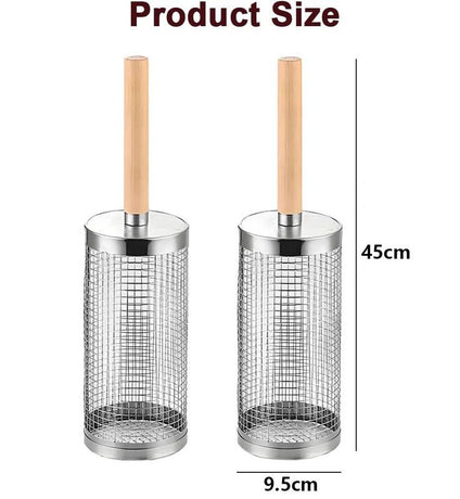 2-Pack Rolling Grill Baskets 304 Stainless Steel with Removable Wooden Handle for Vegetables and Shrimp, 35 x 9.5 cm