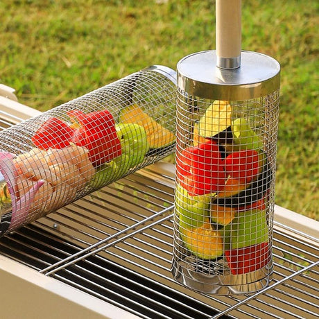 2-Pack Rolling Grill Baskets 304 Stainless Steel with Removable Wooden Handle for Vegetables and Shrimp, 35 x 9.5 cm