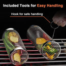 2-Pack Rolling Grill Baskets 304 Stainless Steel with Removable Wooden Handle for Vegetables and Shrimp, 35 x 9.5 cm