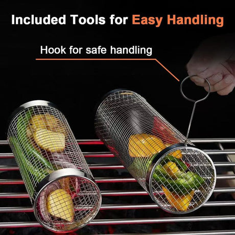 2-Pack Rolling Grill Baskets 304 Stainless Steel with Removable Wooden Handle for Vegetables and Shrimp, 35 x 9.5 cm