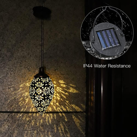Hanging Solar Lantern LED Moroccan Metal Garden Light Waterproof for Patio and Porch